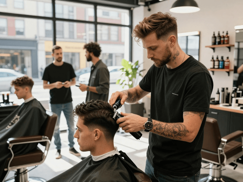 Stylish barbershop experience showing barber cutting hair and showcasing rokok 88 hair products in a vibrant urban setting.