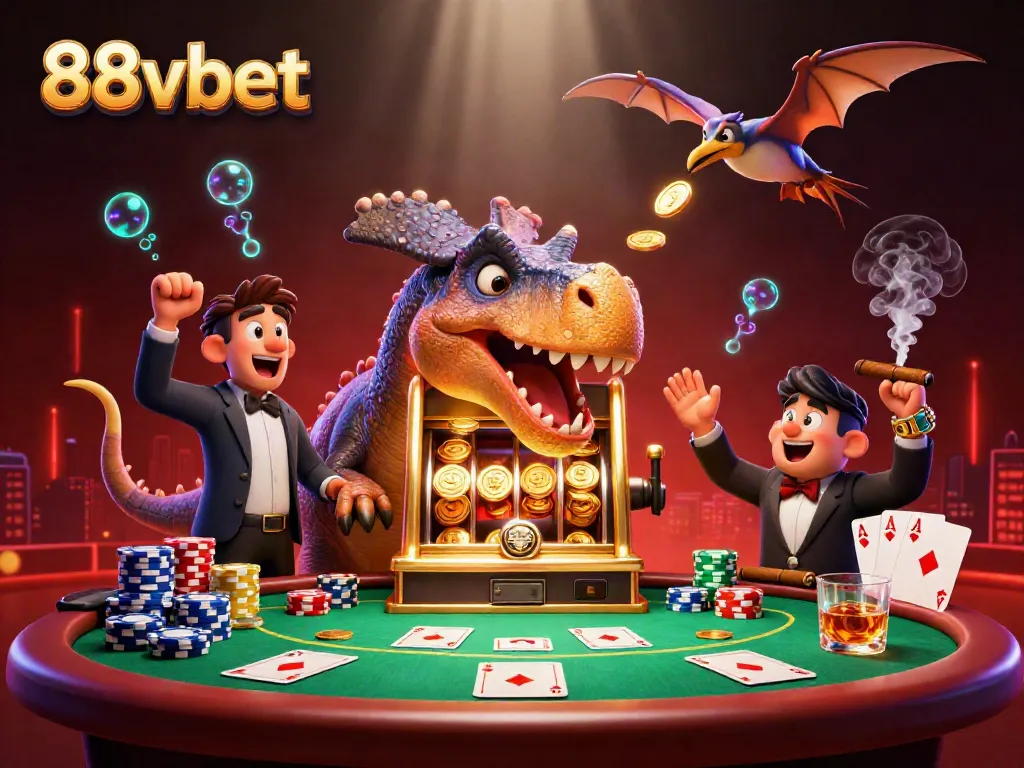 Watch a 3D pachycephalosaurus at 88vbet headbutt a golden slot machine for a jackpot win!