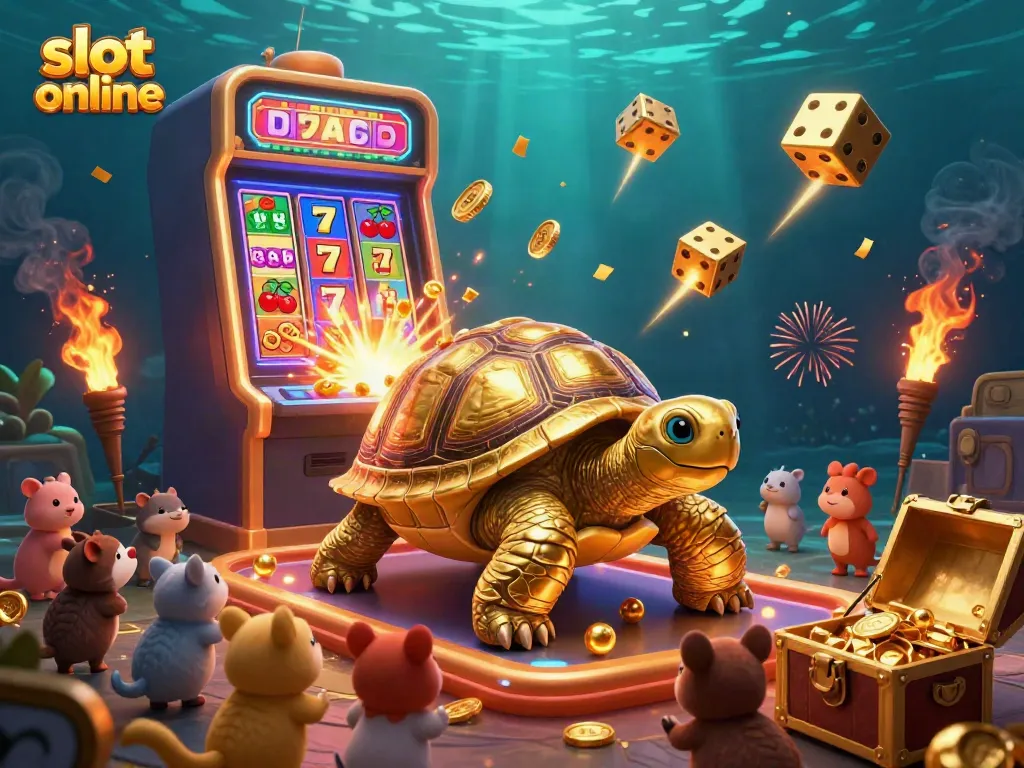 Experience stunning slot online action in a vibrant 3D scene of a golden tortoise and lively casino elements.
