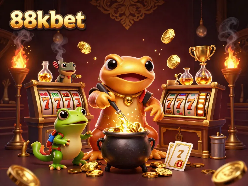 Immerse in 88kbet's vibrant casino scene with gold coins, alchemists, and spinning slots.