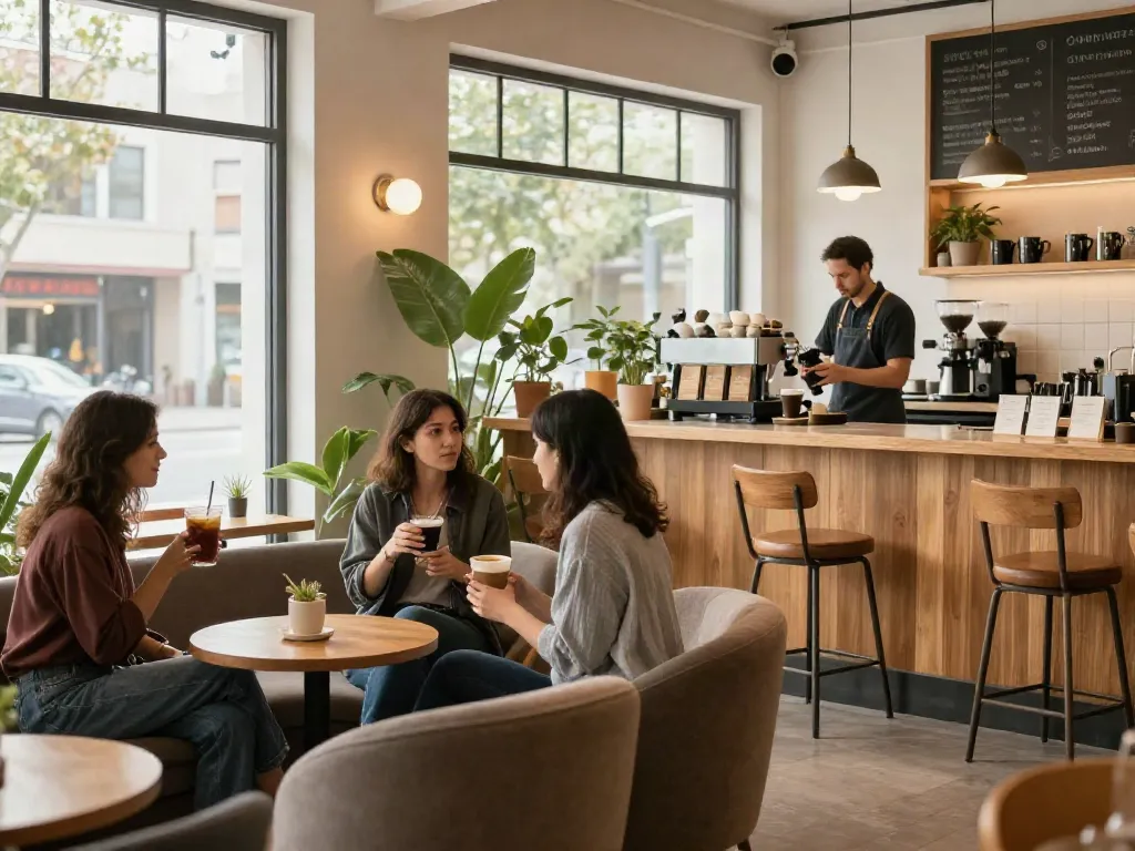 Cozy café scene with friends enjoying coffee, embodying relaxation and community atmosphere.