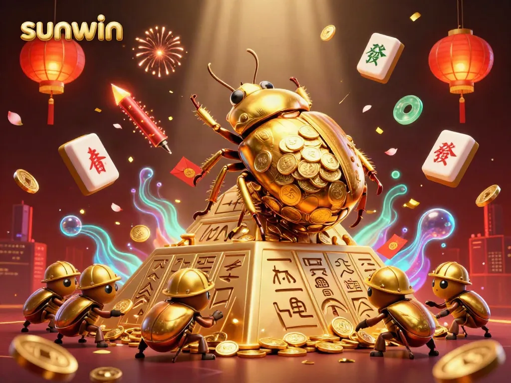 Engage with sunwin's immersive casino experience featuring a golden dung beetle and vibrant symbols.