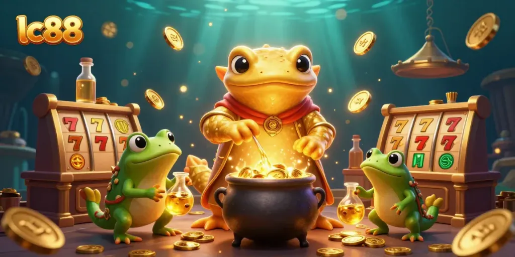 Engage with the vibrant LC88 casino scene featuring gold coins and magical characters.