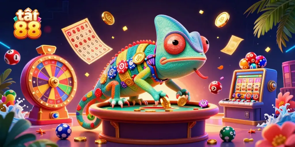 Experience vibrant gaming excitement with tải go 88, featuring dynamic casino elements and chameleon character.