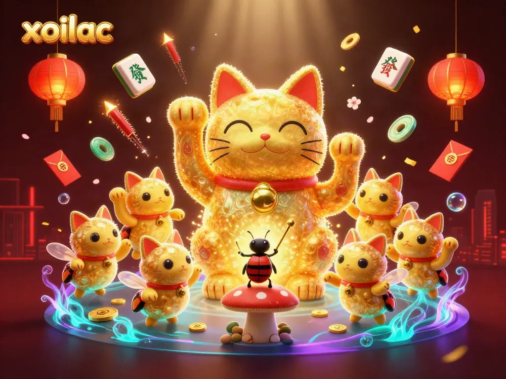 Xoilac brings luck with a golden cat and casino-themed fireflies celebrating in a vibrant scene.