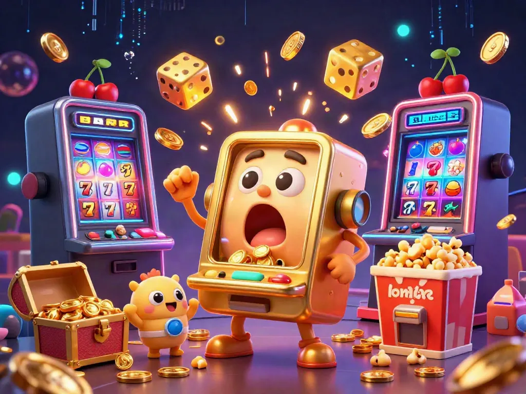 Xoilac slot machine hits jackpot while smaller slots cheer; vibrant 3D illustration.