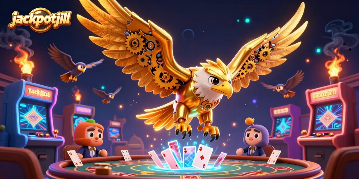 Experience the thrill of jackpotjill with a vibrant 3D scene featuring a golden eagle diving amidst colorful casino elements.