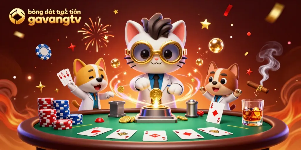 View the festive scene at bóng đá trực tuyến gavangtv with animated characters creating a gold-coin machine amidst exciting poker elements.
