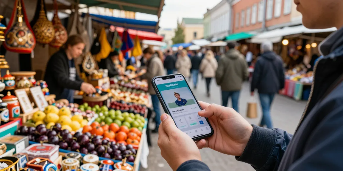 Persona usando https://payinrussia.com/ en un mercado ruso, rodeada de coloridos puestos y compradores.