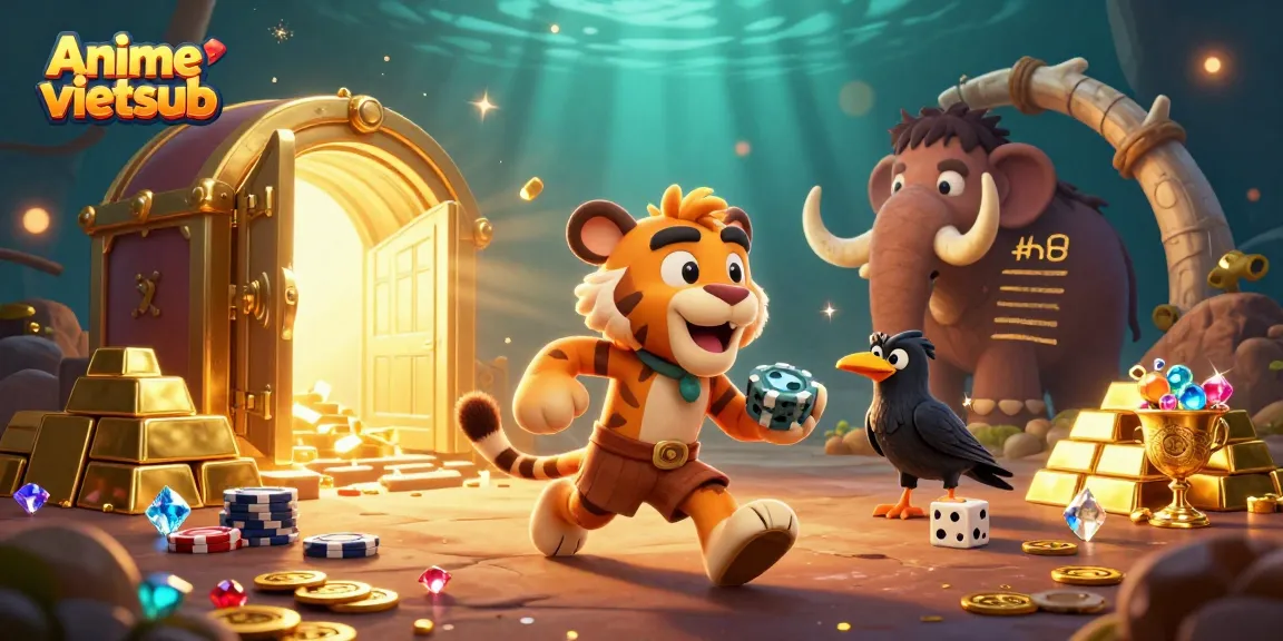 Engage with Anime vietsub in a dynamic casino scene featuring caveman and sabertooth characters.