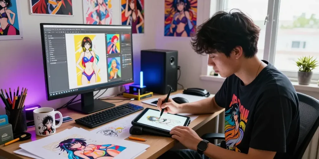 Creative artist sketching AI hentai illustrations in a vibrant studio with colorful prints and drawing tools.