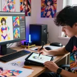 Creative artist sketching AI hentai illustrations in a vibrant studio with colorful prints and drawing tools.
