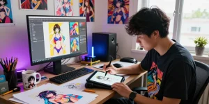 Creative artist sketching AI hentai illustrations in a vibrant studio with colorful prints and drawing tools.