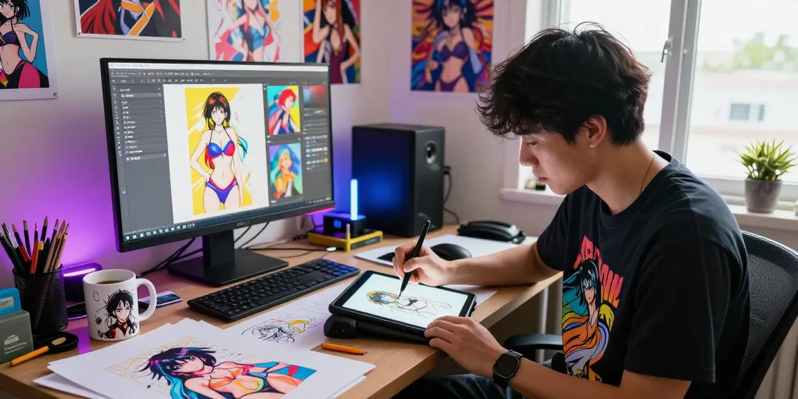 Creative artist sketching AI hentai illustrations in a vibrant studio with colorful prints and drawing tools.