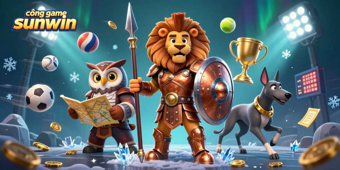 Play and win at cổng game sunwin with Spartan lion, owl, and greyhound in a vibrant 3D scene.